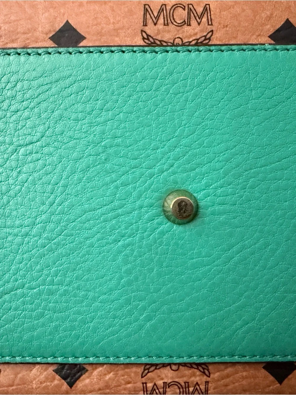 MCM Cognac Visetos Tote with Yellow Handles & Green Trim